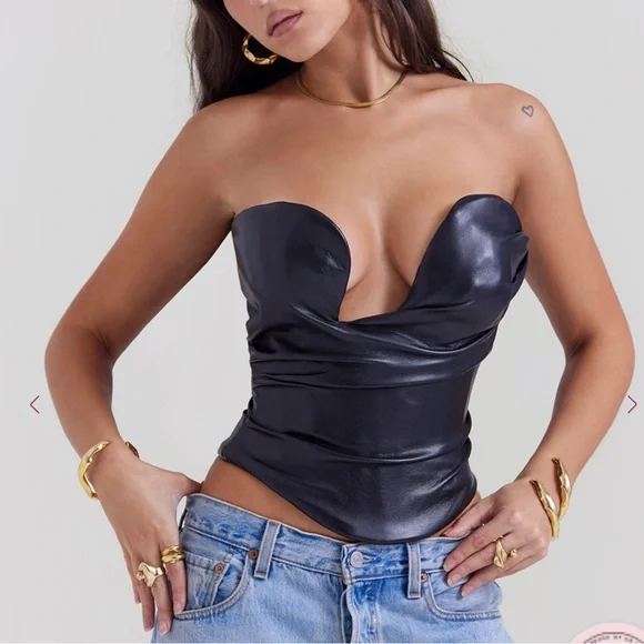 HOUSE OF CB Saffira Black Plunge Vegan Leather Corset. Size Small. New With Tags - Picture 1 of 13